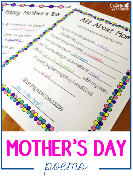 Poems make a wonderful Mother's Day gift!  This resource includes a variety of poems for moms, grandmas and aunts.  Fun for kids to write and color in!